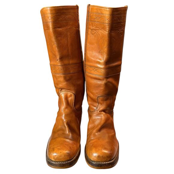 Vintage 70s Frye Campus Boots Womens Orange Leather Stitched High Shaft Sz 11D - Picture 2 of 11